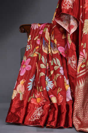 Soft silk floral saree in crimson red