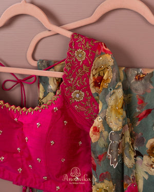 Grey Floral Chinnon saree with a contrast handwork blouse