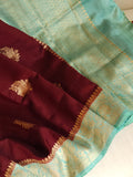 Banarasi Dupion silk saree in a lovely shade of burgundy and sea green