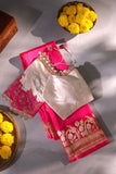 Raw Mango saree in pink paired with a contrast off white blouse
