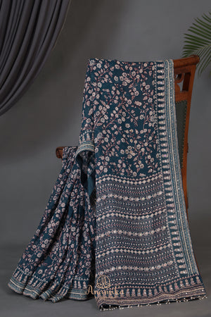 Deep teal blue Georgette saree