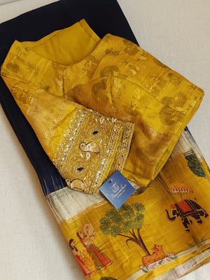 Light weight dupion saree in blue with contrast yellow kalamkari border