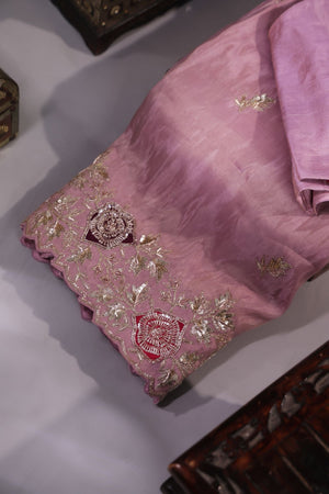 Elegant Satin Organza saree in lilac with intricate embroidery