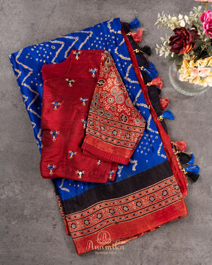 Beautiful blue and black Bandini gaji silk saree with ajrak border and blouse