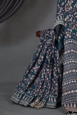 Deep teal blue Georgette saree