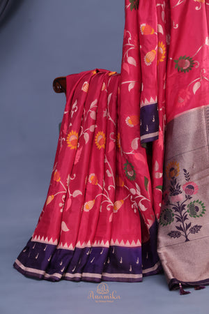 A beautiful floral Tusser Georgette - Tomato Red/Pink