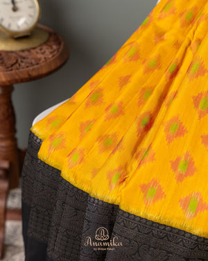 Kanchipuram soft silk saree with Ikkat pattern in yellow/black