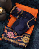 Deep orange Gadwal saree with handcrafted kalamkari appliqué work Border