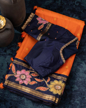 Deep orange Gadwal saree with handcrafted kalamkari appliqué work Border