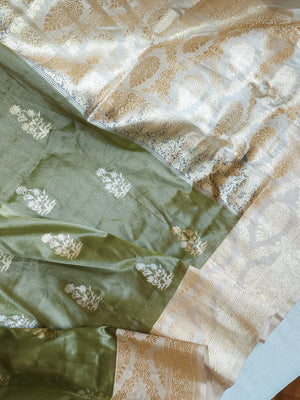 Banarasi tissue saree in a lovely sage green and ivory combo