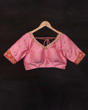 Lovely peach pink blouse with red patch work embroidery