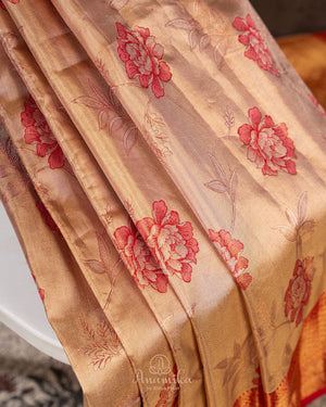 Stunning Gold & Red kanjeevaram saree with digital floral weave
