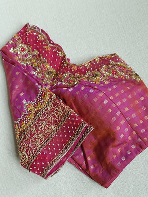 A lovely patterned work blouse in magenta - on pure Kanchipattu fabric