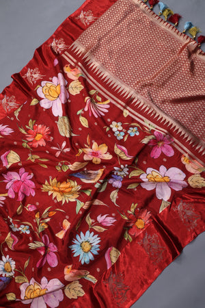 Soft silk floral saree in crimson red