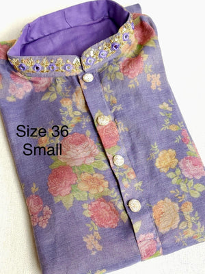 Lavender floral kurta on pure Tissue silk with mirror work - Size 36