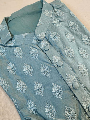 Pastel steel blue chanderi silk kurta with thread embroidered buttas
