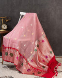 Pink Banarasi kora with a beautiful contrast red meenakari floral border
