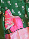 Unique Dark green and peach pink Venkatagiri Pattu saree