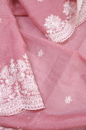 Elegant Crush Tissue saree in peach pink with a stunning mirror work blouse