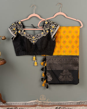 Kanchipuram soft silk saree with Ikkat pattern in yellow/black