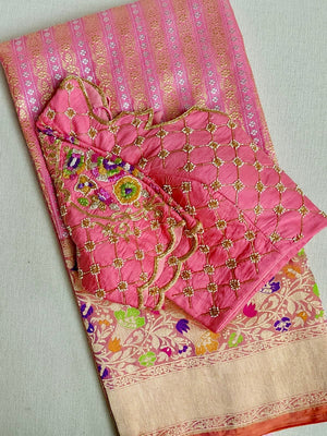 Peach Pink Banarasi saree with beautiful floral meena border