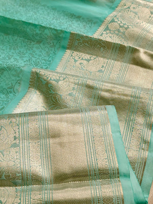 Pastel blue kanjeevaram with heavy bridal work blouse