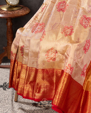 Stunning Gold & Red kanjeevaram saree with digital floral weave