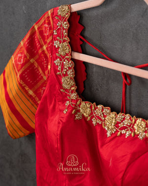 Pure silk blouse in red with patola silk sleeves