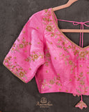 Gold kanjeevaram with contrast pink border and maggam work border