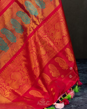 Pink Gadwal tissue saree with a contrast red border