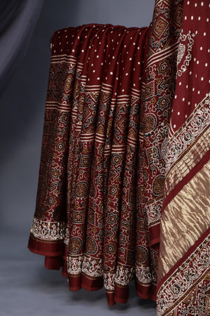 Deep wine modal silk ajrak saree with hand work border