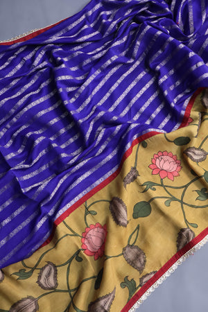 Royal Blue chanderi silk saree with hand painted kalamkari border