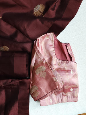 Pure raw mango silk saree in chocolate brown with mauve pink blouse
