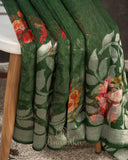 Dark forest green Handloom Lenin saree with digital floral prints