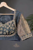 Kalamkari printed organza saree in dark grey