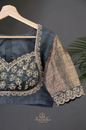 Kalamkari printed organza saree in dark grey