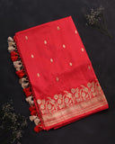 Raw Mango saree in red paired with a pink blouse