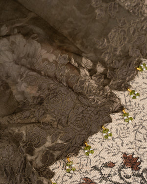 Olive green Handloom Lenin saree with digital floral prints