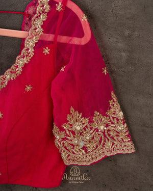 Hot Pink blouse with intricate embroidery and net sleeves