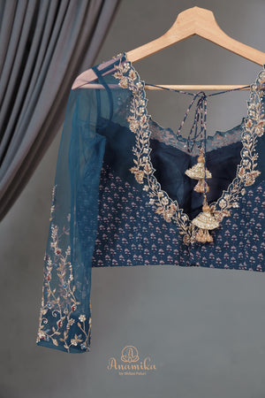 Mid night Blue Georgette saree with full sleeves blouse