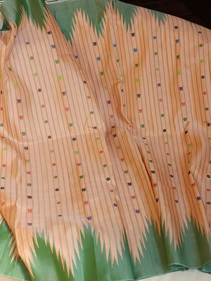 Gadwal saree in peach with beautiful contrast green temple borders