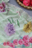 Mint Green Crepe Floral saree with hand worked border