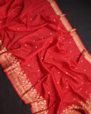 Raw Mango saree in red paired with a pink blouse
