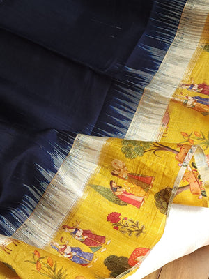 Light weight dupion saree in blue with contrast yellow kalamkari border