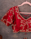 Beautiful Elbow sleeves blouse in red with gold floral vines work