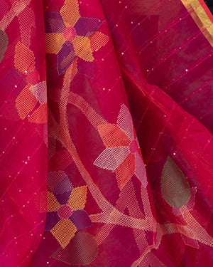 Muslin jamdaani saree in hot pink with floral weave and woven sequins