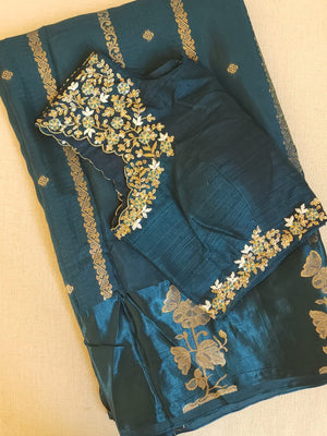 LMashru crepe saree in dark teal blue with mono tone blouse