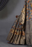 Kalamkari printed organza saree in dark grey