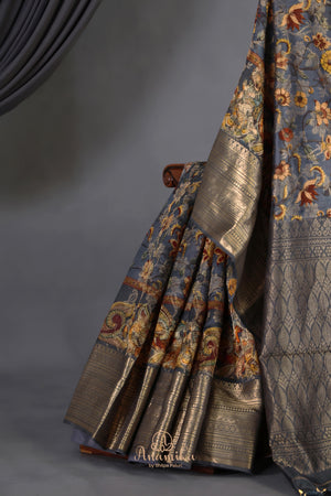 Kalamkari printed organza saree in dark grey