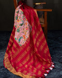 Mysore crepe silk saree in a lovely color combo of peach and crimson red